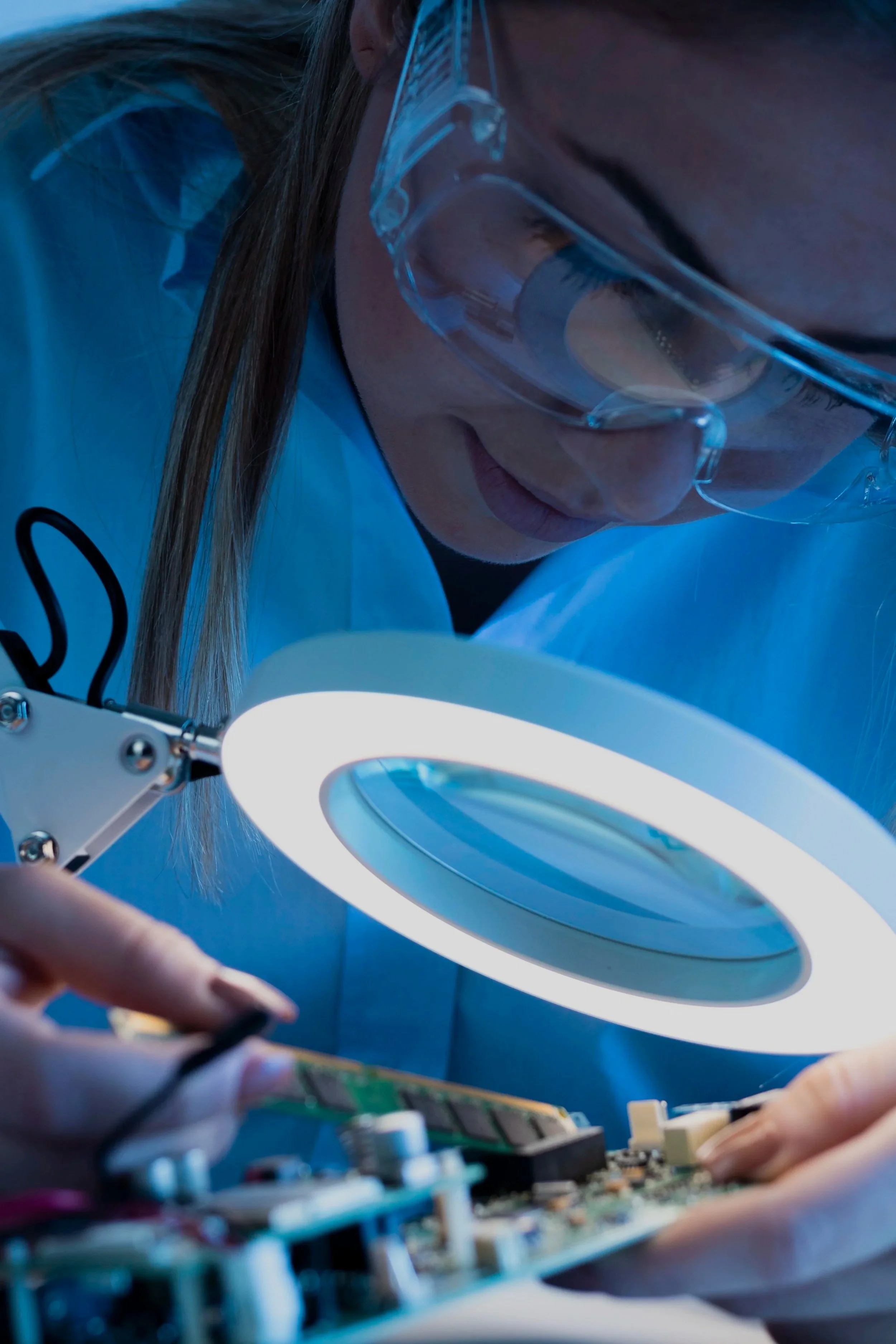 A scientist wearing safety goggles inspects a circuit board under a bright ring light in a laboratory.