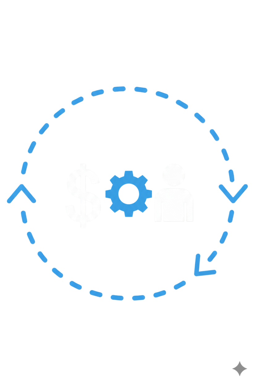 Illustration of a white dollar sign, gear, and person icons inside a blue folder, with a blue circular arrow surrounding the folder.