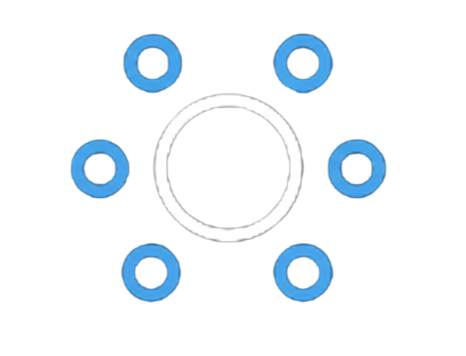 A diagram with a central pink square surrounded by six blue circles connected with red lines.