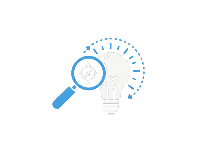 A digital illustration of a light bulb with a magnifying glass and a clock, representing innovation, time, and ideas.