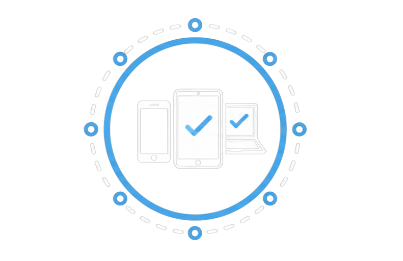 Illustration of multiple electronic devices including a smartphone, a tablet, and a laptop, with checkmarks on their screens, symbolizing verified or successful technology use.