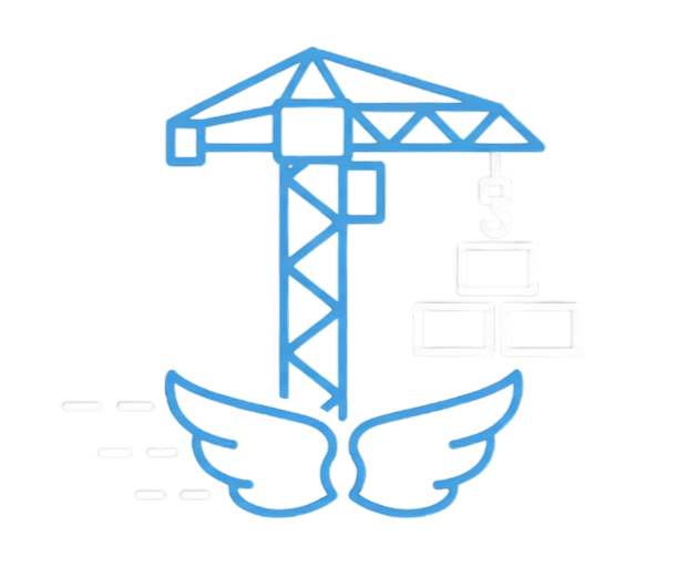 Illustration of a construction crane lifting a block, with a layered background including another crane and boxes.