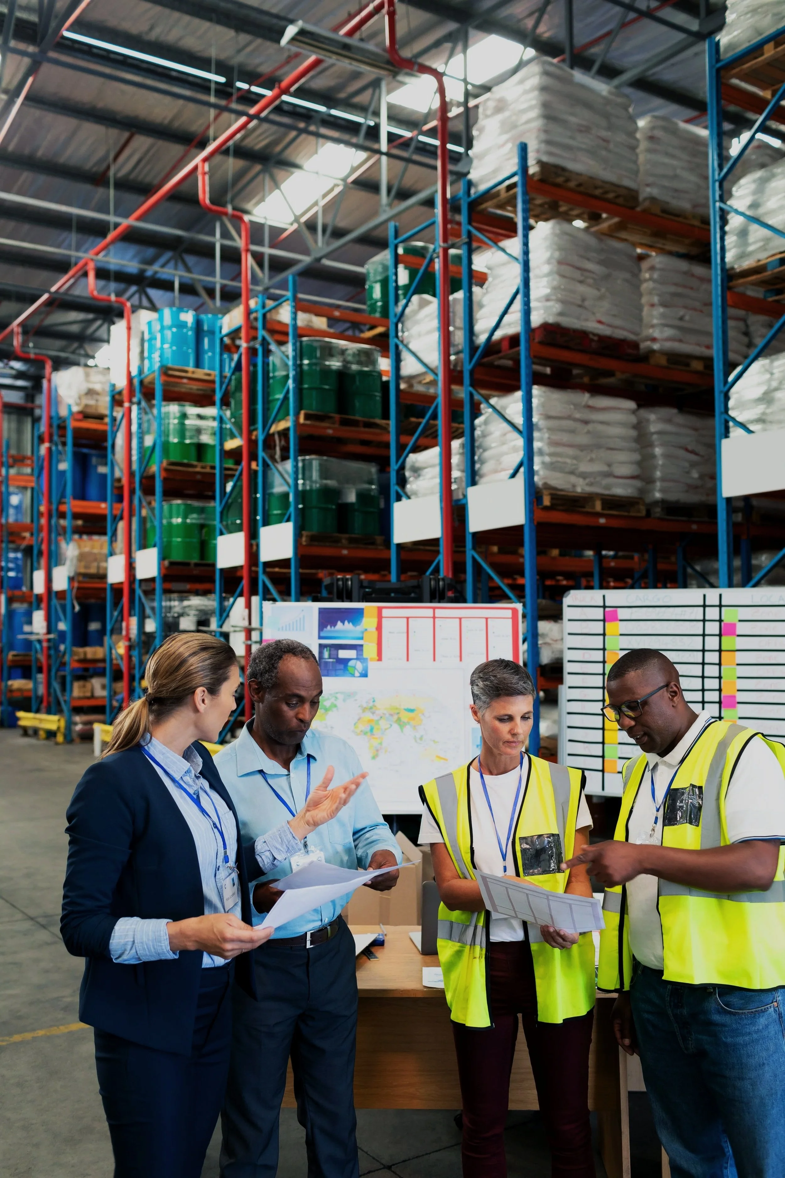 Four workers, two men and two women, in a warehouse with tall shelves filled with stacked pallets of goods, discussing documents and charts.