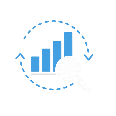 Magnifying glass over bar graph with upward and downward trends, indicating data analysis or business growth.