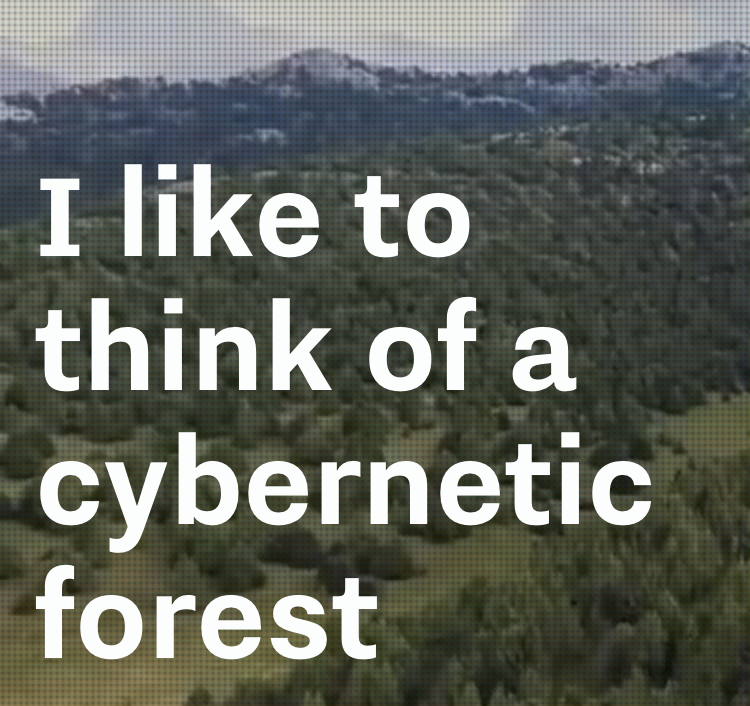 A scenic view of a forested area with rolling hills, with the text "I like to think of a cybernetic forest" overlaid on the image, a piece by Terra0.