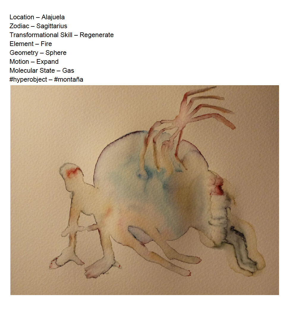 A watercolor painting of a hybrid creature with features of a mountain and a gas elemental, resembling a sphere with legs, arms, and multiple elongated, branch-like appendages extending from the top, in earthy and smoky colors.