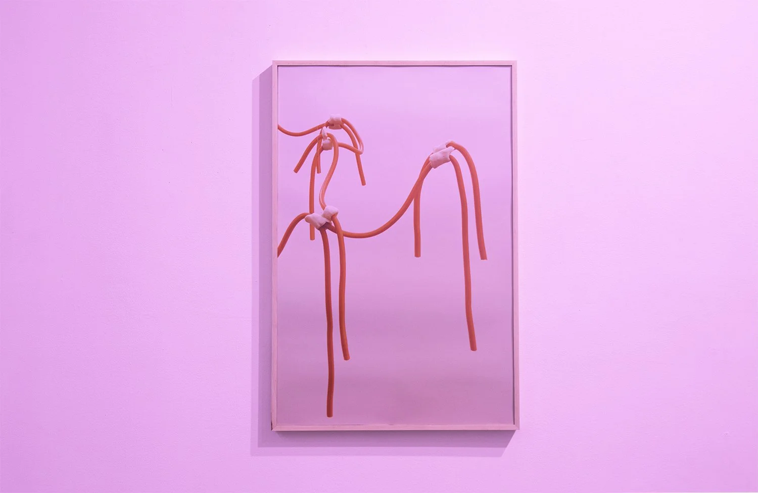 Pink wall art with red blood vessels tied to white connectors by artist Sylbee Kim.
