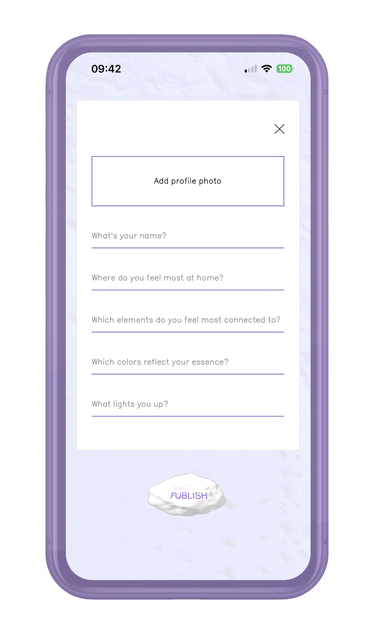Smartphone screen displaying a mobile app with a form titled 'Add profile photo' and various questions about the user's feelings and connections, with a crumpled paper-like 'PUBLISH' button at the bottom.