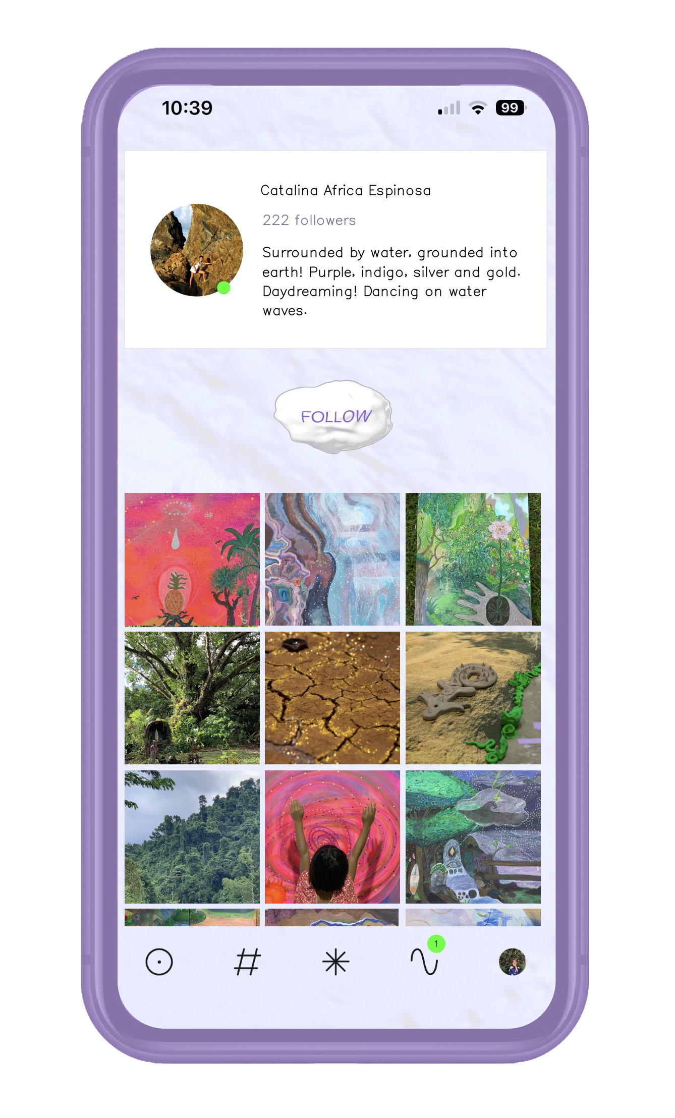 A mobile phone screen displaying a profile page for Catalina Africa Espinosa with 222 followers. The profile shows a round profile picture of a person climbing on rocks, a follow button, and a grid of colorful images including artwork, nature scenes, and abstract designs.