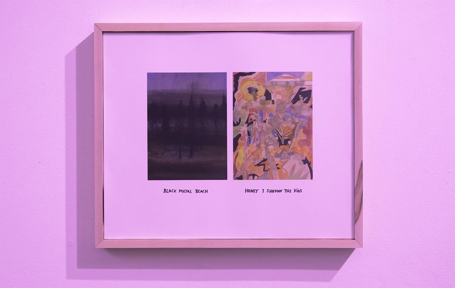 Two small paintings by David Sampethai. The left art is dark, resembling a landscape or abstract scene, labeled 'Black Metal Beach. The right art is colorful with abstract shapes and figures, labeled 'Honey I Shrunk the Kids.'