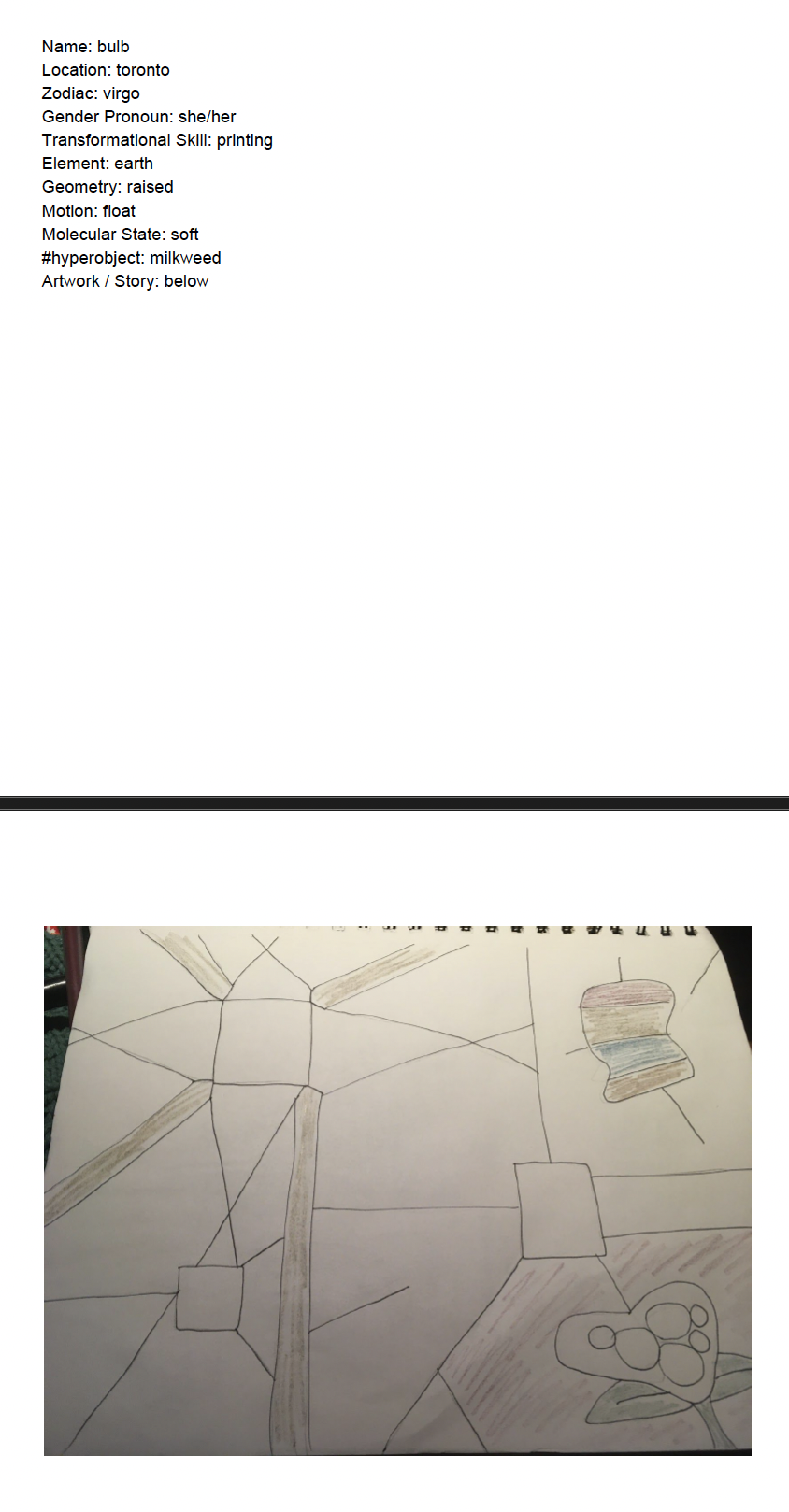 Colorful, abstract drawing with large web-like structure, a small rainbow-colored shape, and an atom-like shape on a piece of paper.