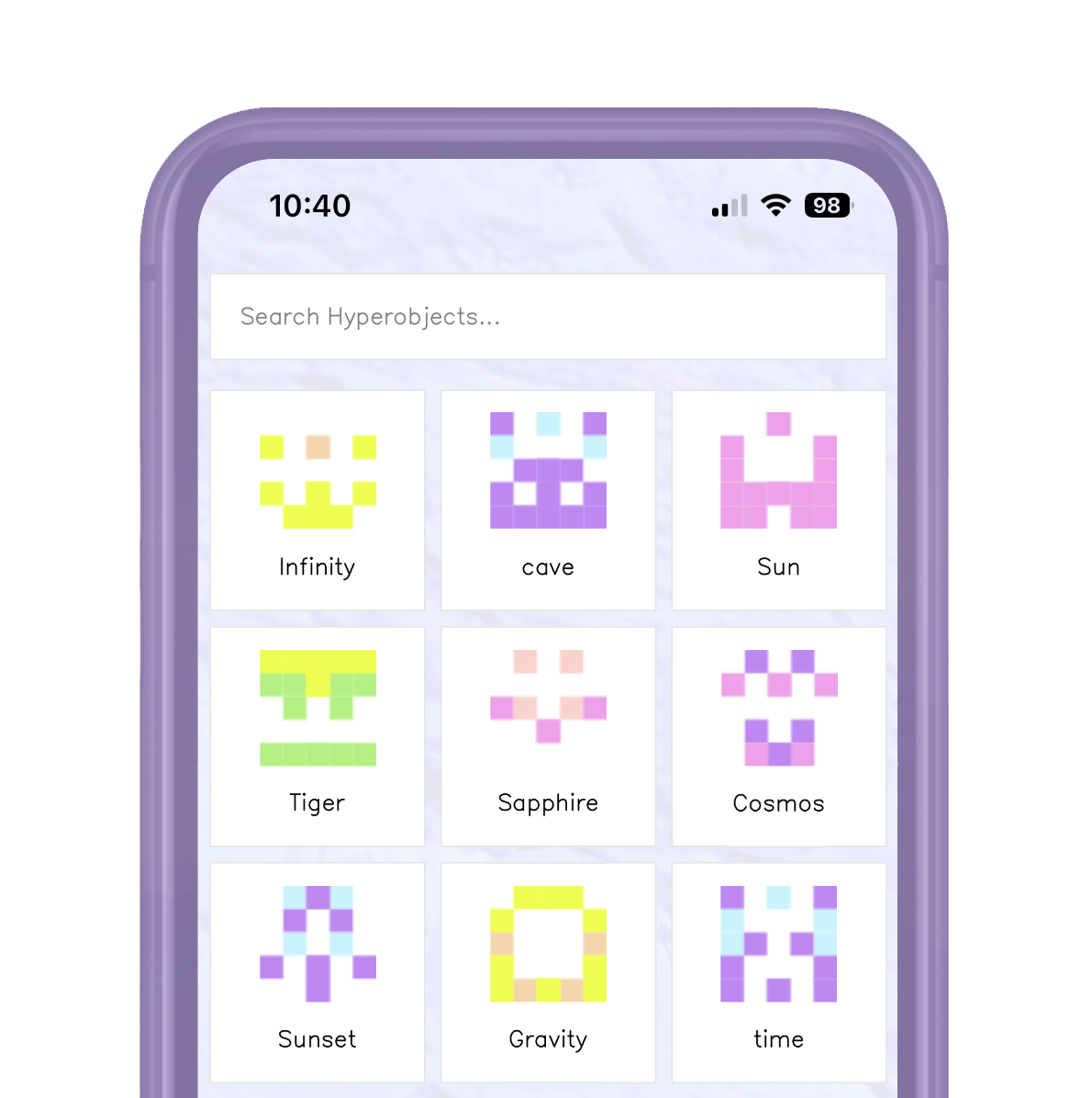 A smartphone screen displaying a grid of colorful pixel art icons with labels, including 'Infinity', 'cave', 'Sun', 'Tiger', 'Sapphire', 'Cosmos', 'Sunset', 'Gravity', and 'time'. The app has a search bar labeled 'Search Hyperobjects...'. The phone is encased in a purple protective case.
