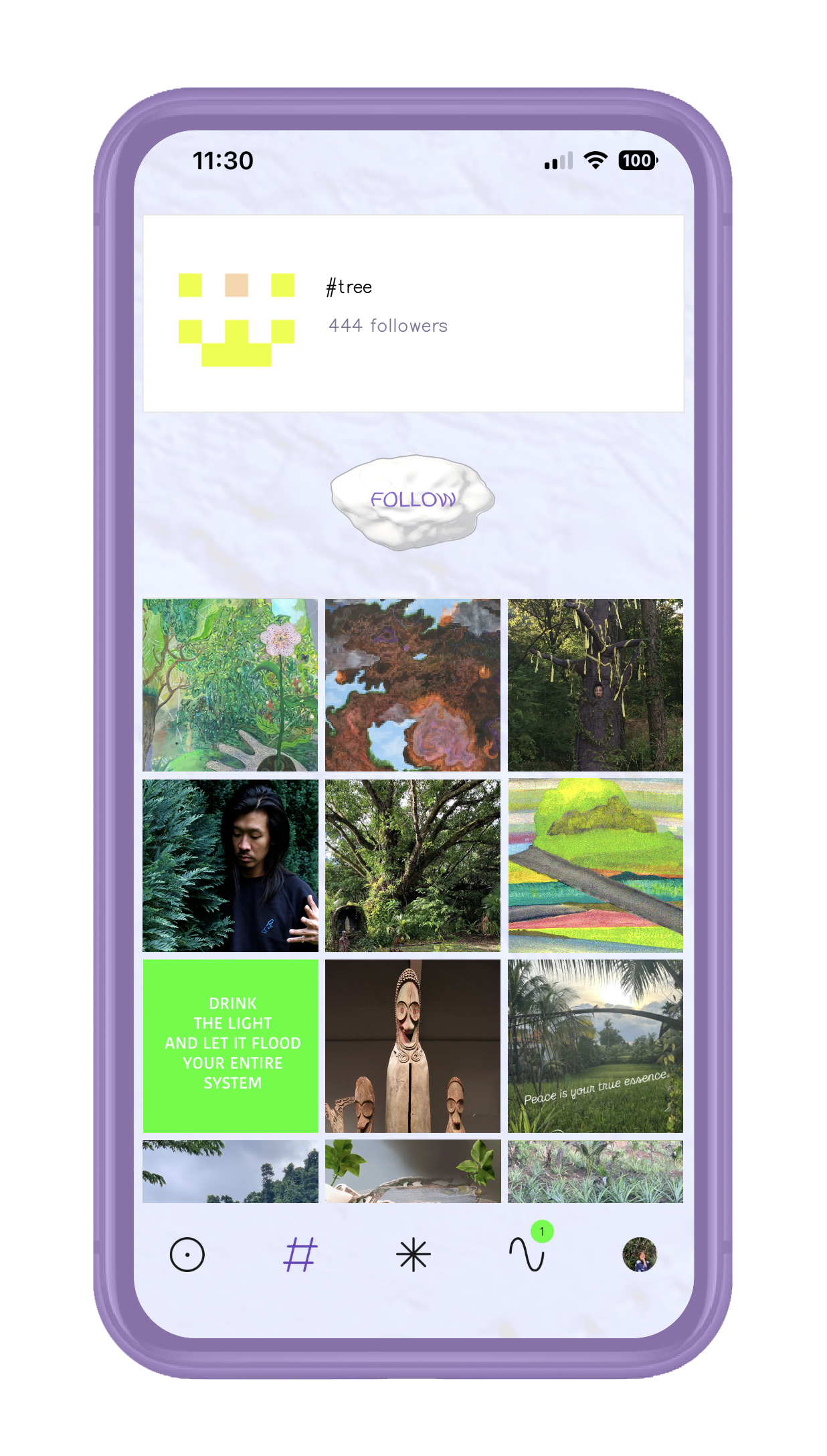 A mobile phone screen displaying a social media app with a pixel art cloud face, a follow button, and a grid of nature and art images including trees, a person, paintings, and landscapes.