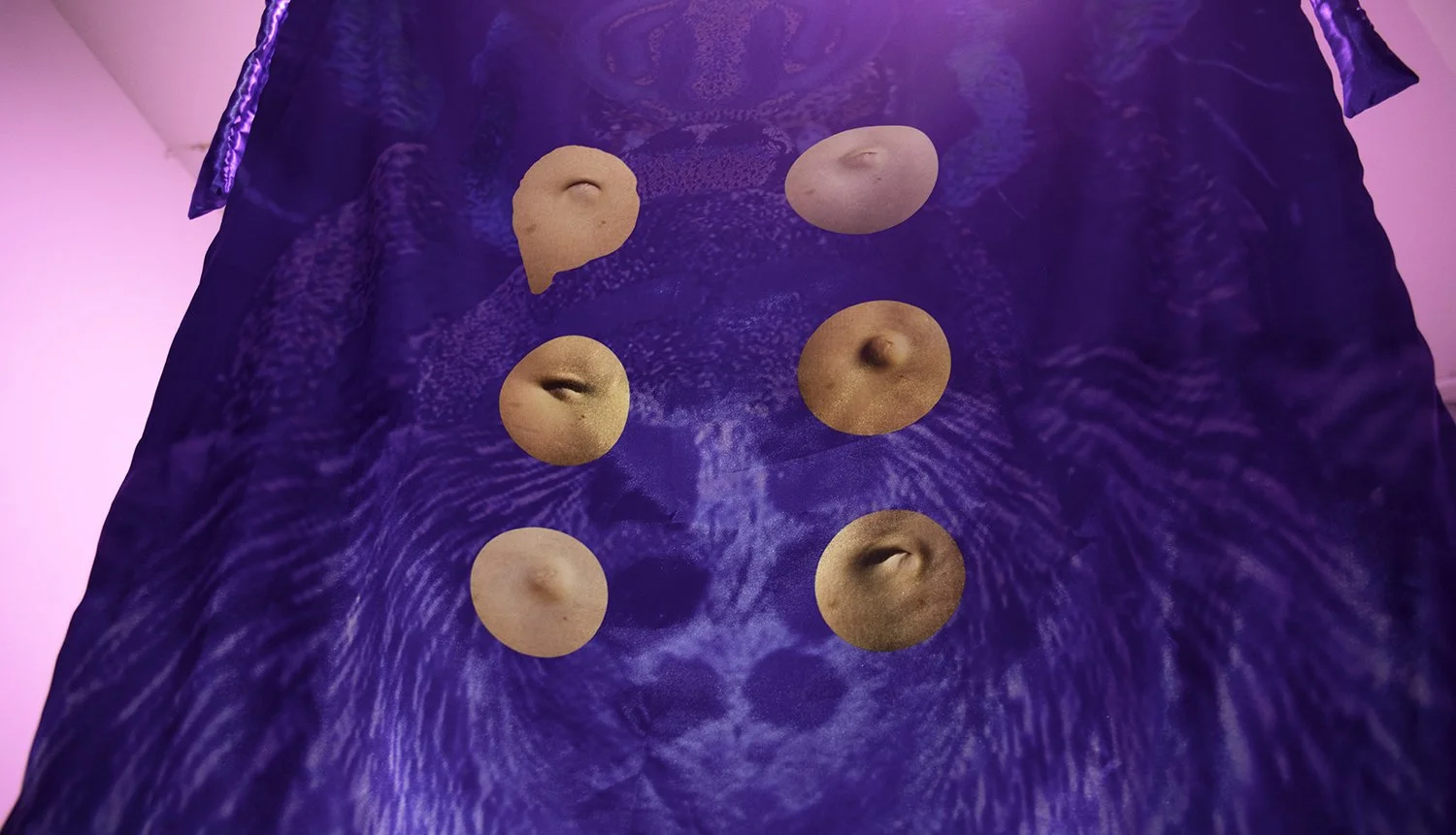 Five circular cutouts on a blue fabric surface, each showing parts of a human belly button or navel, with pink/purple lighting, an artwork by Sonja Gerdes.