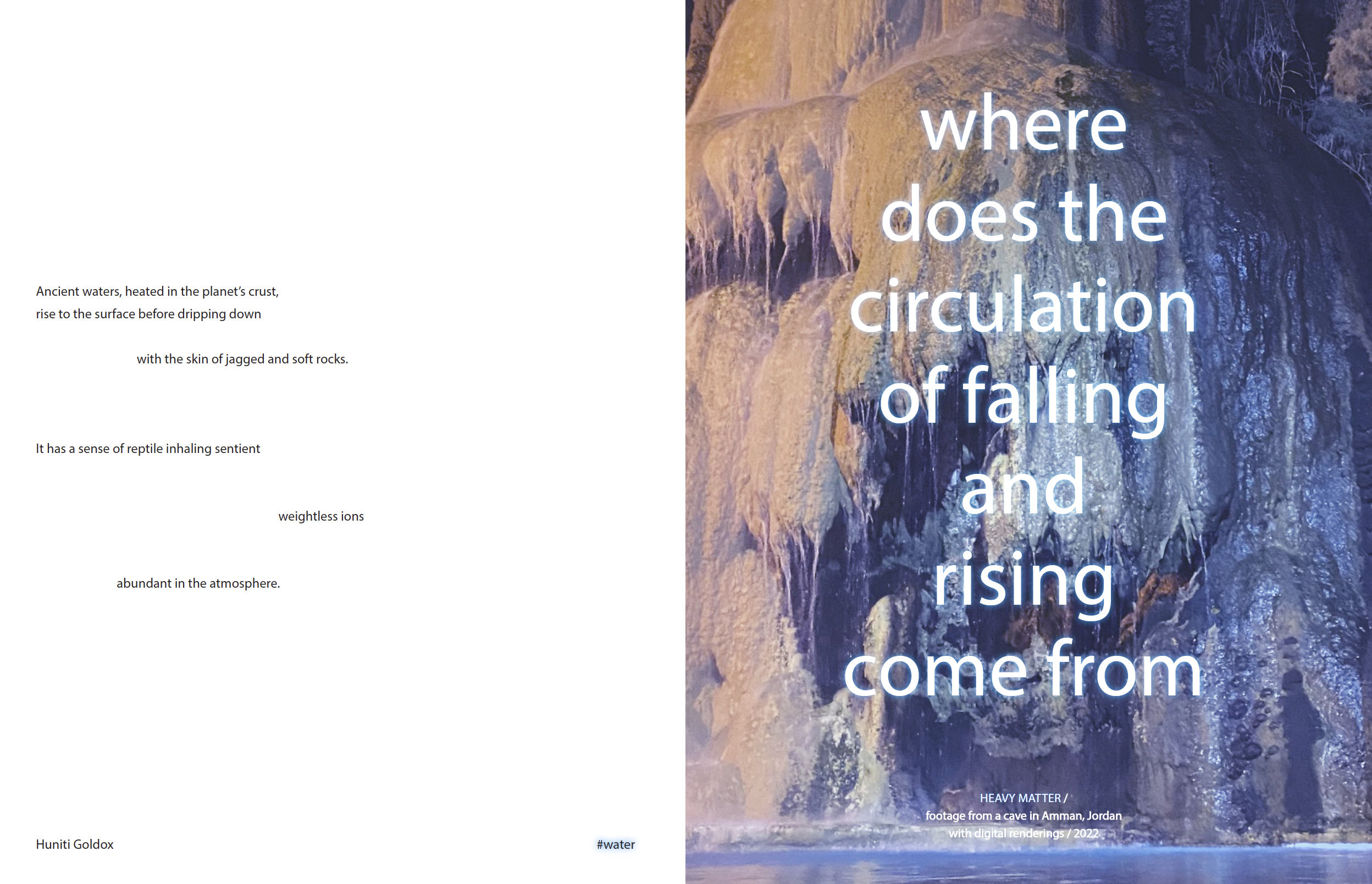 Text over a photo of a waterfall and rocky landscape reads 'where does the circulation of falling and rising come from'. Additional text mentions ancient waters heated in the planet's crust, rising to the surface, with jagged and soft rocks, reptile-like inhaling sentient, weightless ions, abundant in the atmosphere, by Huniti Goldox. The photo credit is given to a location in Amman, Jordan, with digital renderings from 2022.