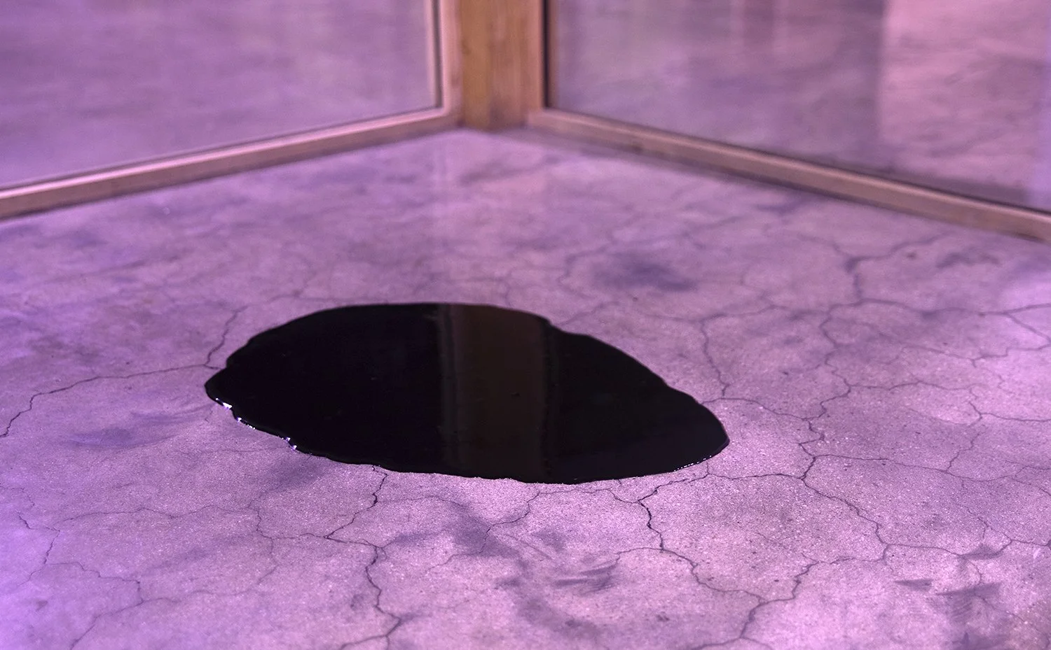 A puddle of dark black liquid by artist Hayden Dunham on pink cracked flooring next to pink paneled wall at Navel, Los Angeles.