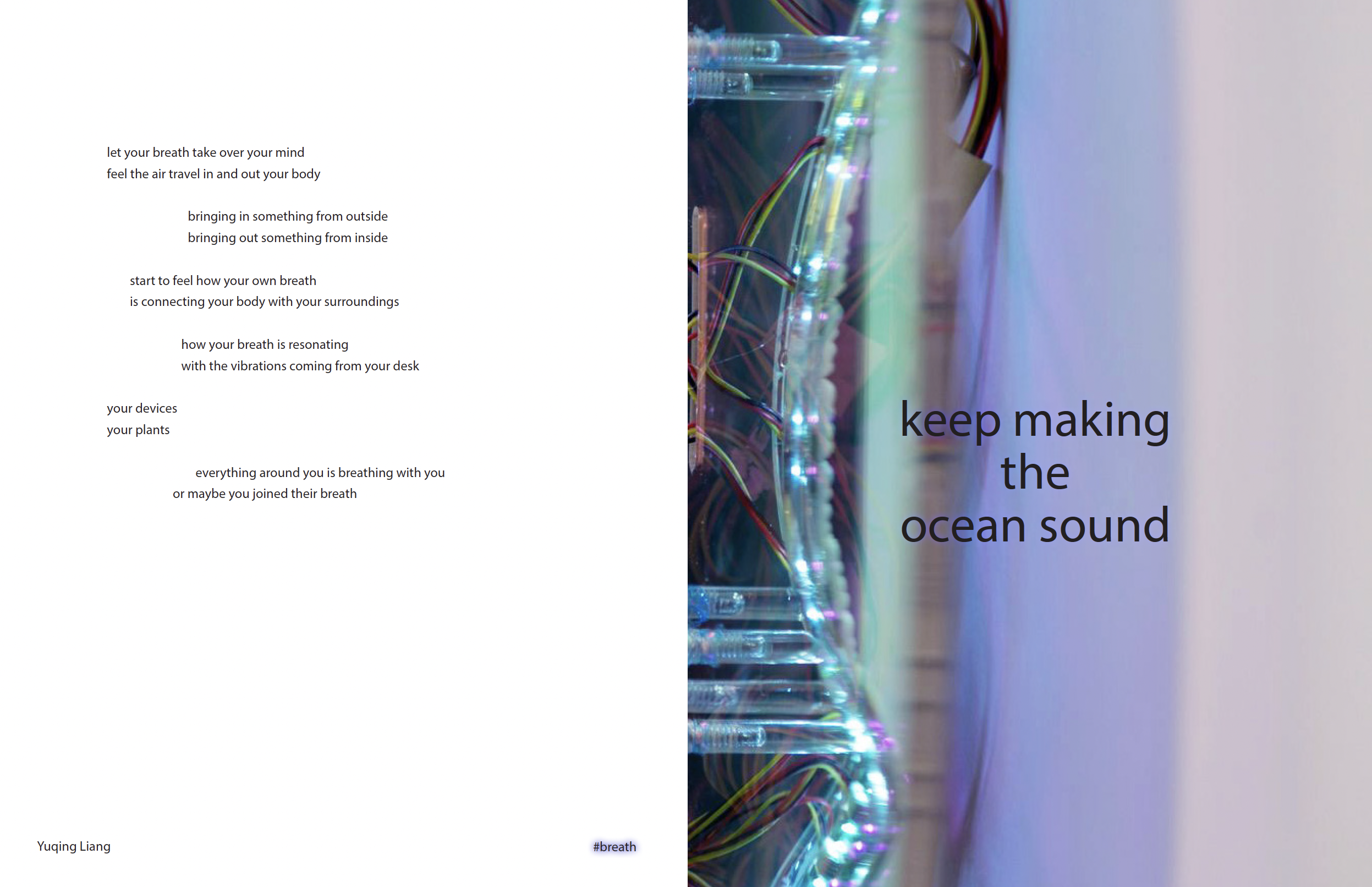 A webpage with a poem on the left side and an abstract photo of colorful wires and lights on the right side, partially cut off. The poem encourages breathing and connection with surroundings, referencing an artwork by Yuqing Liang.