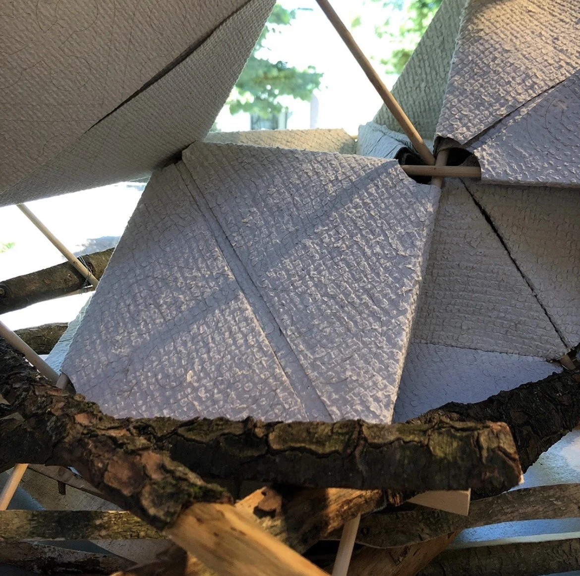 Close-up view of several paper parasols with textured surfaces, arranged outdoors with tree branches and green foliage in the background, created by architect Dk Osseo-Asare.
