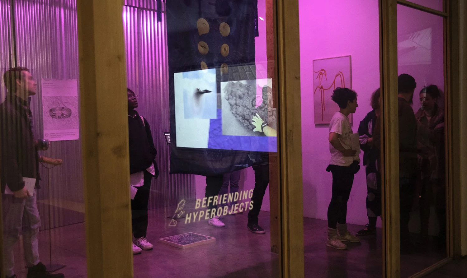 People observing an art exhibit titled 'Befriending Hyperobjects' inside Navel in Los Angeles with pink lighting, displayed through glass panels.