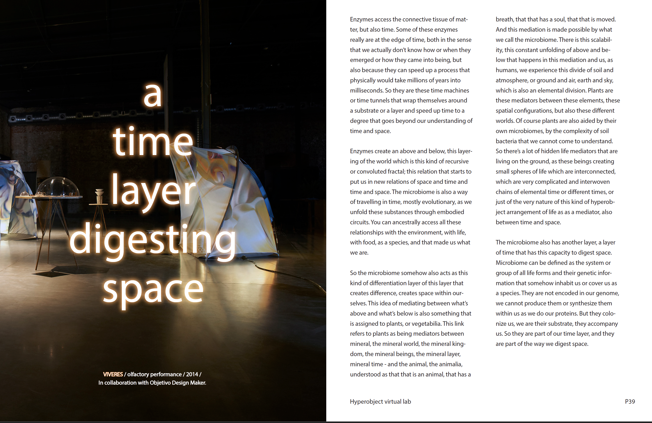 Dark article page with illuminated text overlay, reading "a time layer digesting space" on the left side. The background shows a scene with abstract, reflective, possible art installations or sculptures in a dimly lit space by Carlos Monleon.