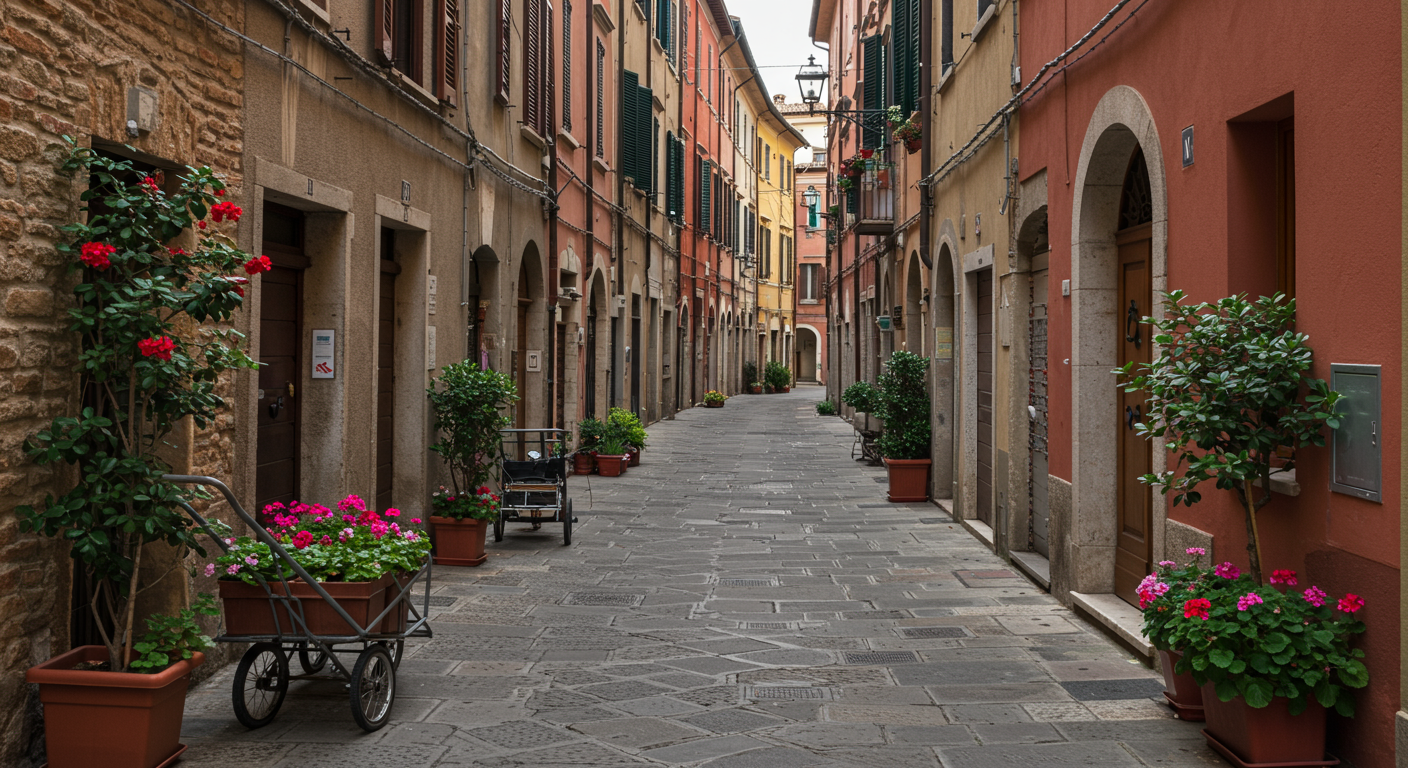 An empty narrow cobblestone street lined with colorful buildings, potted plants, and flowers.
