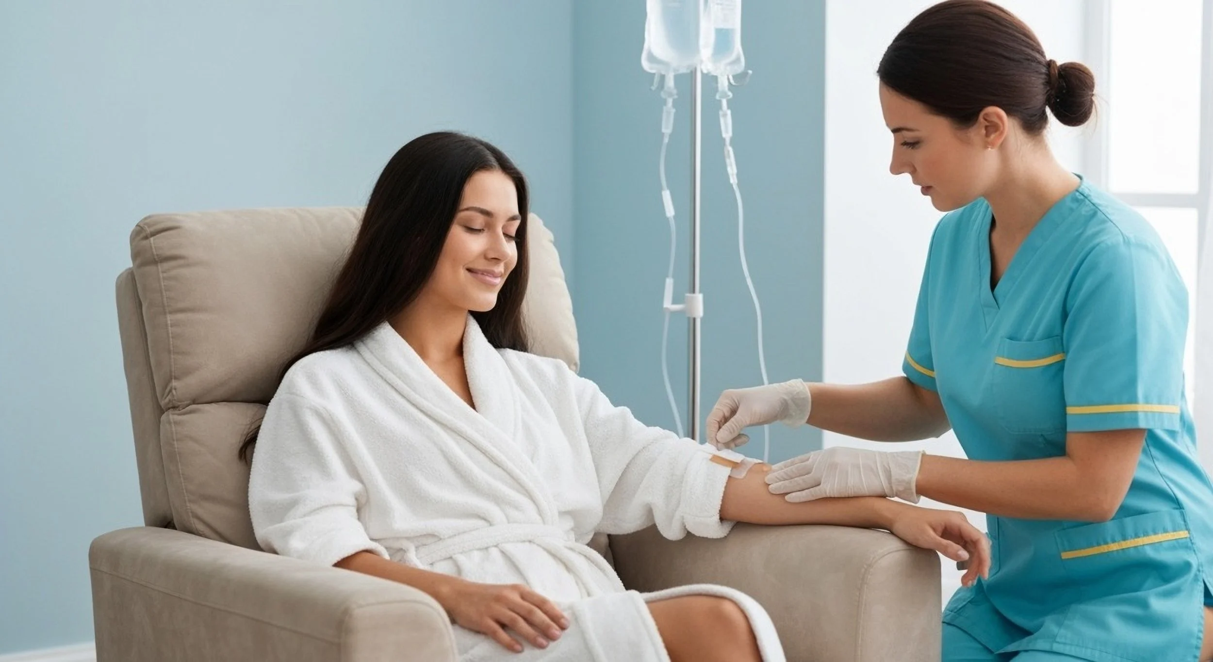 Nurse drawing blood from a smiling young woman sitting in a hospital chair, with IV drip in the background.