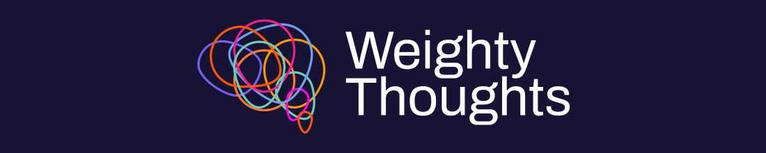 A logo with colorful overlapping circles forming a speech bubble, next to the text "Weighty Thoughts" on a dark background.
