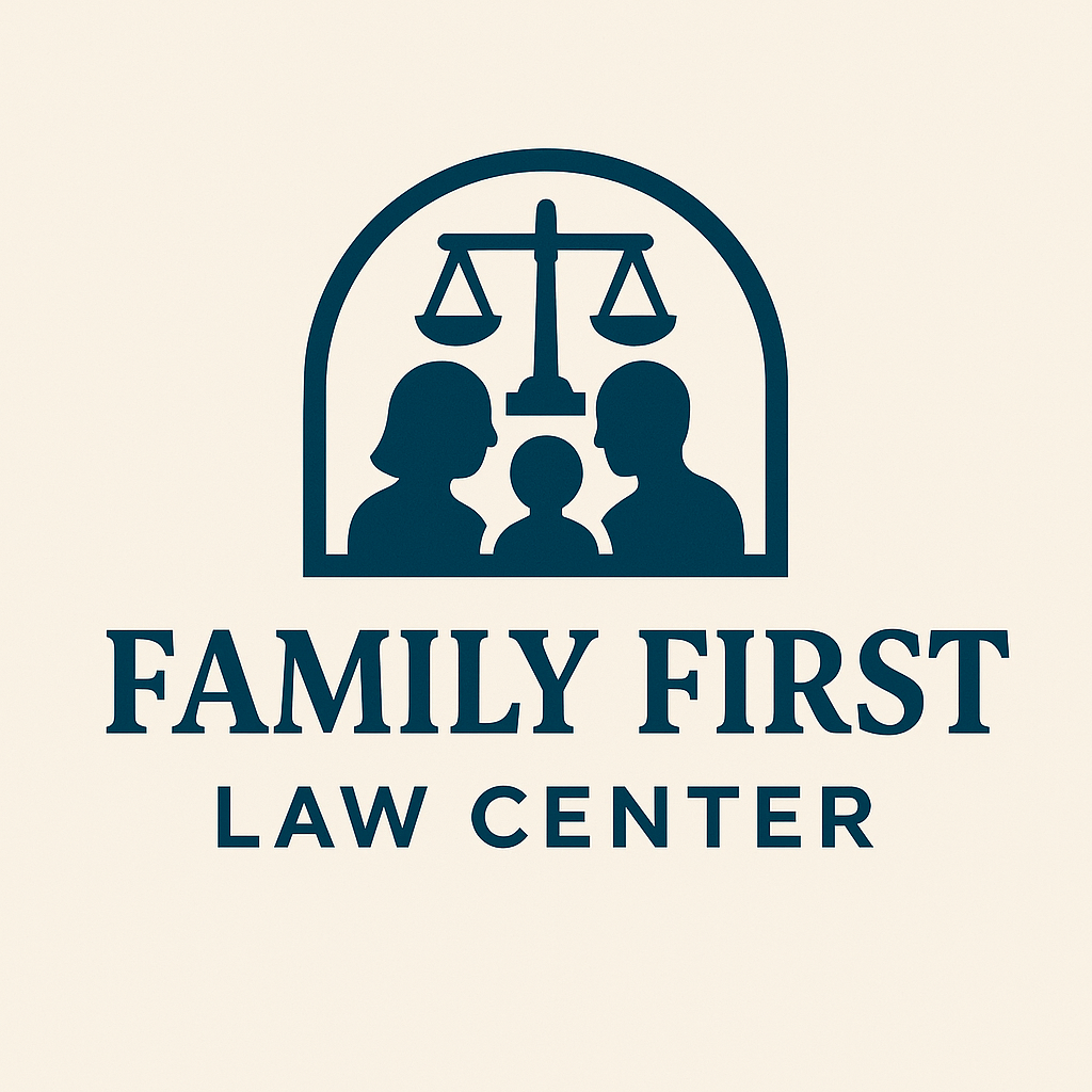Logo for Family First Law Center with silhouettes of a family and a set of balancing scales.