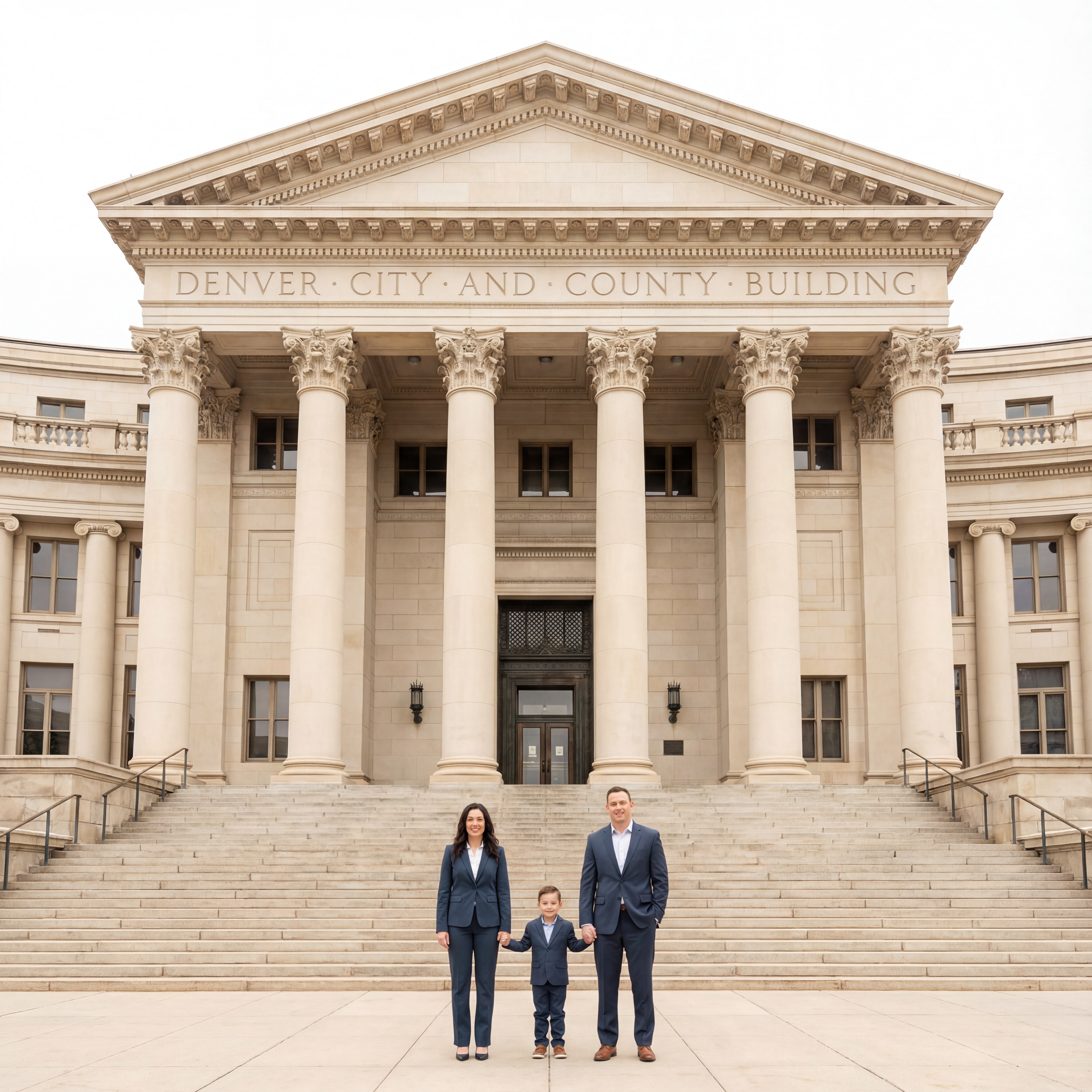 A family of three in formal business attire standing on the steps of the Denver City and County Building in Denver, Colorado.