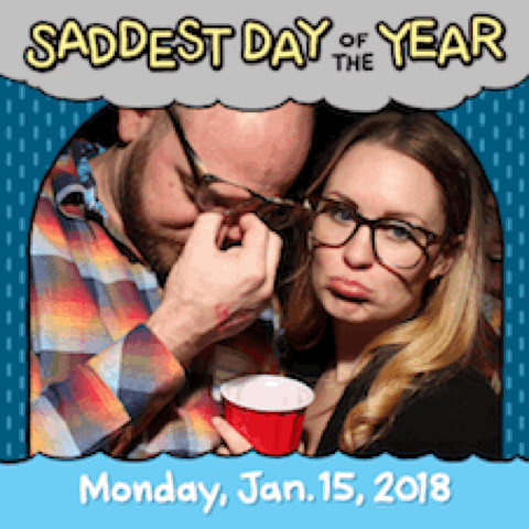 A man and woman with mock sad expressions under a caption that says 'Saddest Day of the Year,' dated Monday, January 15, 2018, with a blue background and cloud graphics.