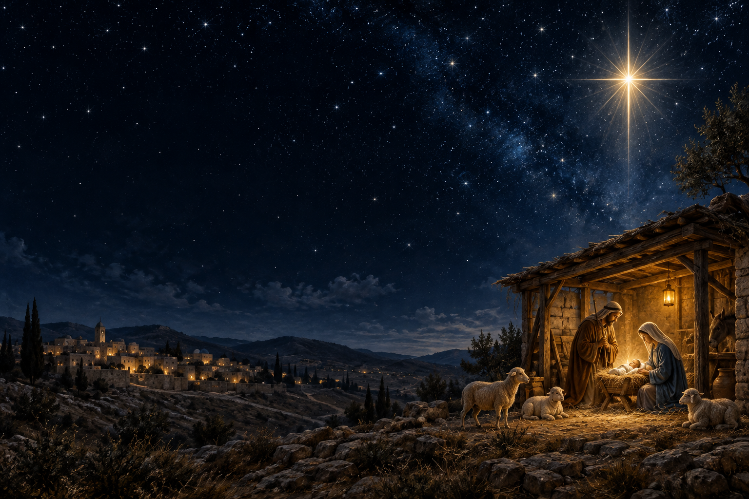 Nativity illustration of Mary and Joseph beside baby Jesus under a bright star in the Bethlehem night sky.