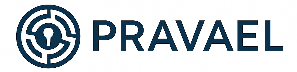Logo with a circular maze design containing a keyhole and the word 'PRAVAEL' next to it.