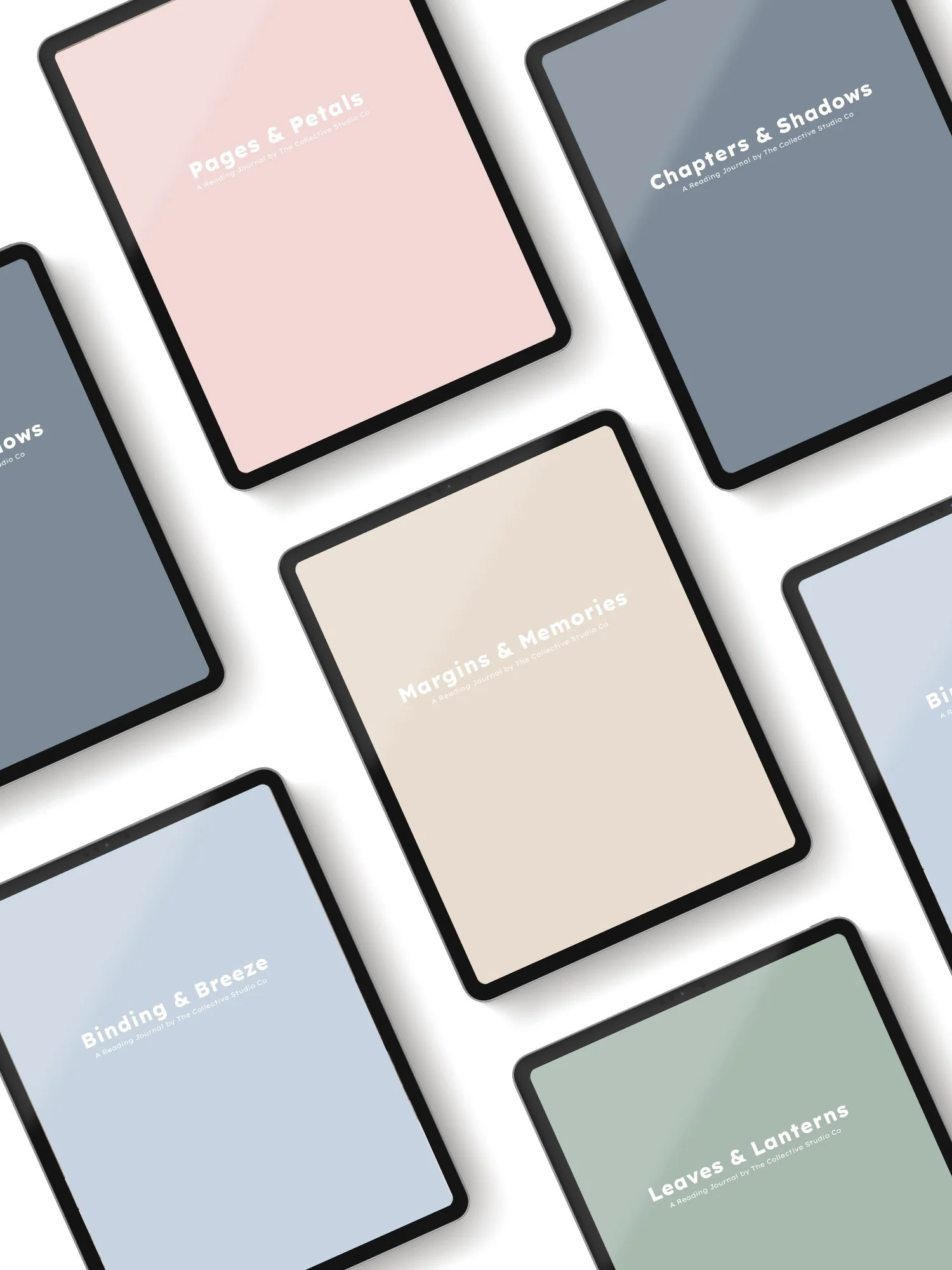 Multiple digital tablets displaying different journal covers with titles such as 'Pages & Petals,' 'Chapters & Shadows,' 'Margins & Memories,' 'Binding & Breeze,' and 'Leaves & Lanterns.'