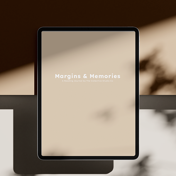 reading journal titled 'Margins & Memories' on a tablet screen with a blurred background.