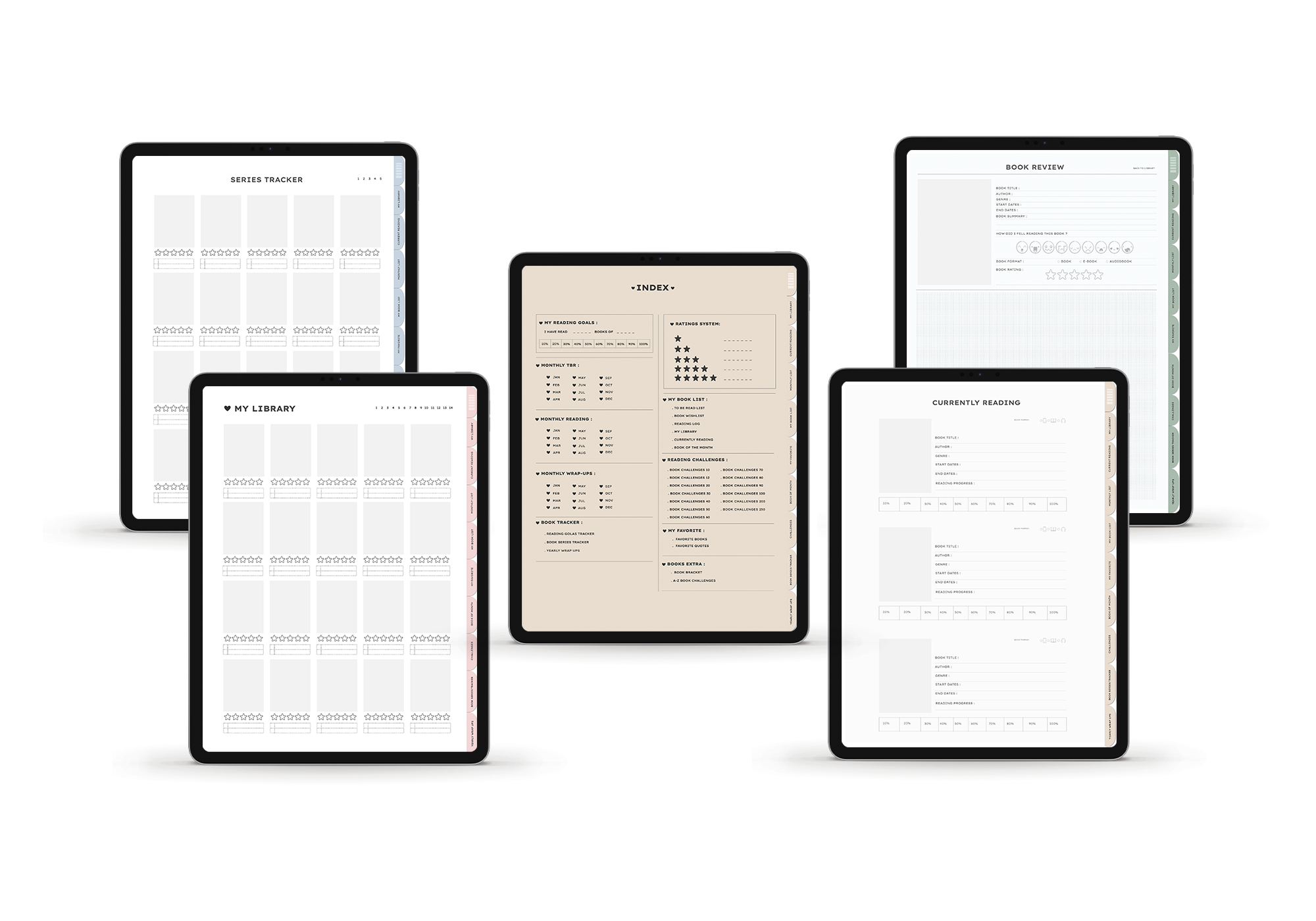 Digital reading and book organization planner displayed on five tablets with chart, list, and review pages.