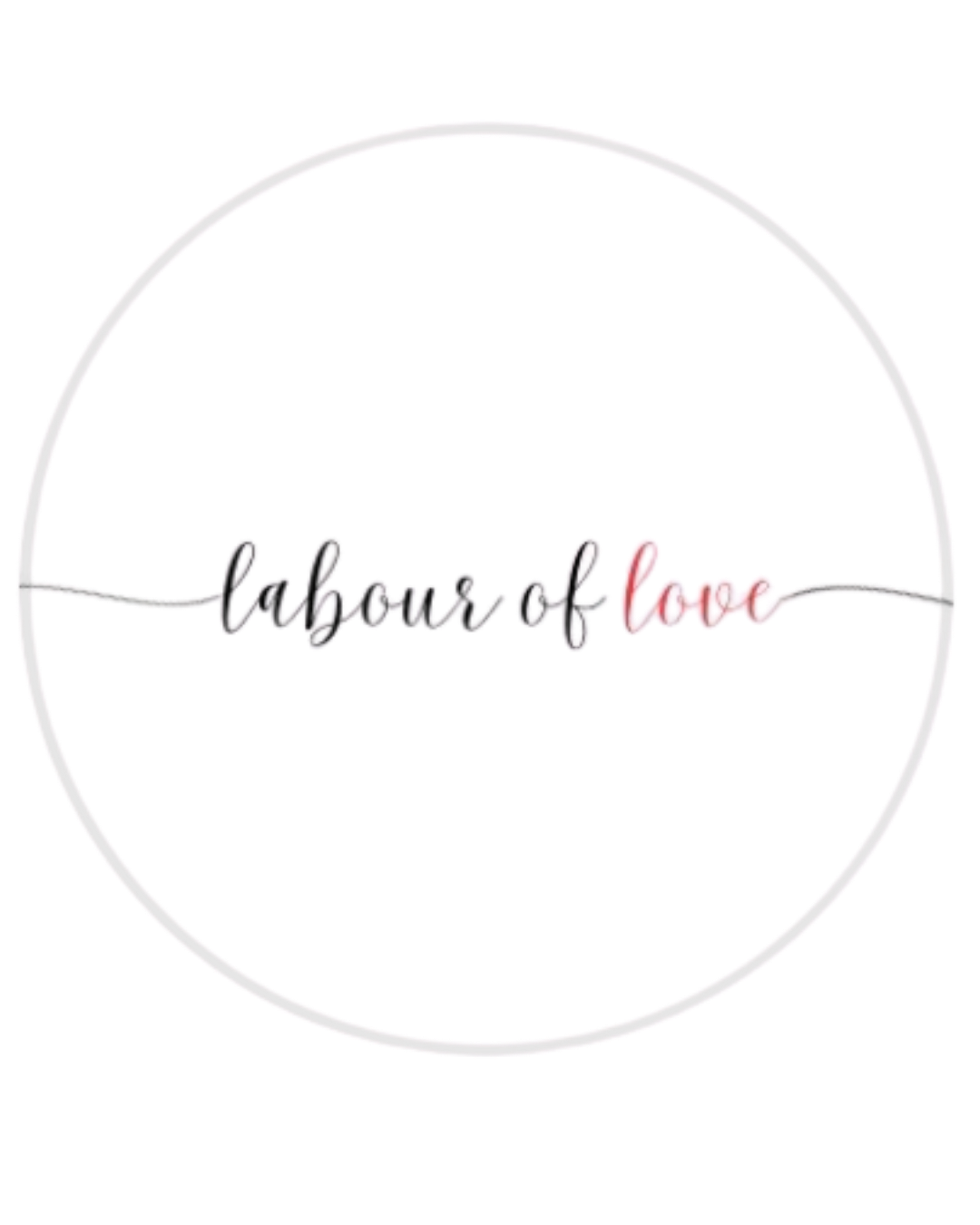 Round logo with a dark blue top half, gray bottom half, and the word 'labouroflove' written in cursive across the center.