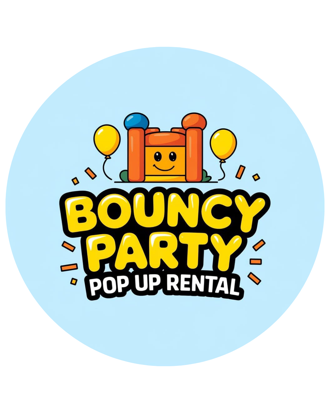 Logo for Bouncy Party Pop Up Rental featuring a smiling, cartoon-style bounce house with balloons and confetti, with the text "Bouncy Party" and "Pop Up Rental".