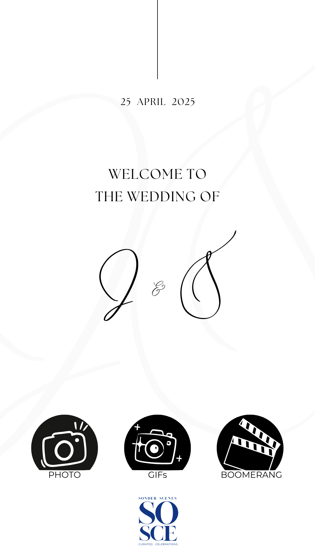 Wedding invitation with date April 25, 2025, welcoming guests to the wedding of J and J. Includes icons for photo, GIFs, and boomerang options, and the logo for Sonder Scenes.