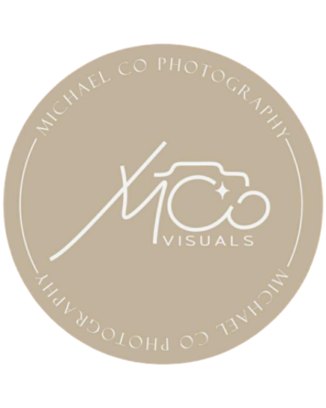A circular beige logo with the text 'Michael Co Photography' and 'YVC Visuals' around the edge, and a stylized camera illustration in the center.