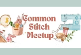 Illustration for the Common Stitch Meetup featuring sewing supplies like thread, scissors, fabric, and a sewing machine.