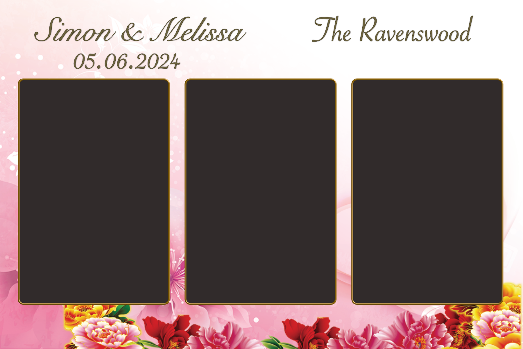 Wedding seating chart with a pink floral background, gold-trimmed black boxes for guest names, and decorative floral accents at the top and bottom. The chart is titled with couple's names, wedding date, and venue.