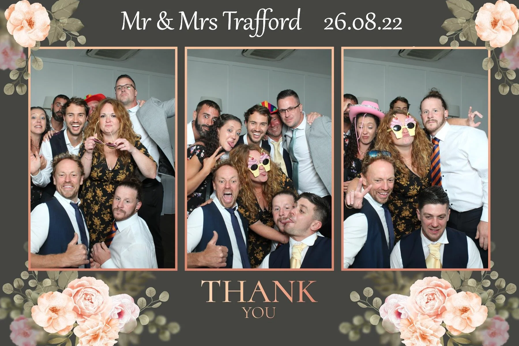 Three photo strips with groups of people celebrating a wedding, including Mr. & Mrs. Trafford, with the date 26.08.22, surrounded by pink flowers and greenery, with a 'Thank You' message at the bottom.