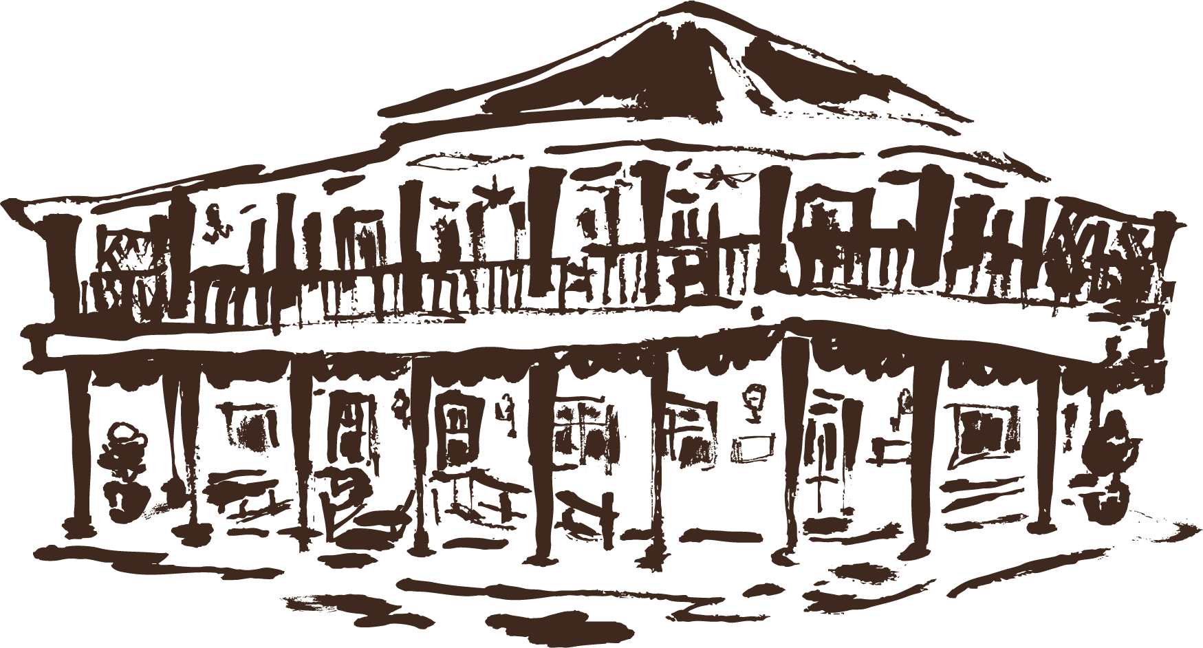 Sketch of a two-story house with a balcony and railing, set against a mountain backdrop.