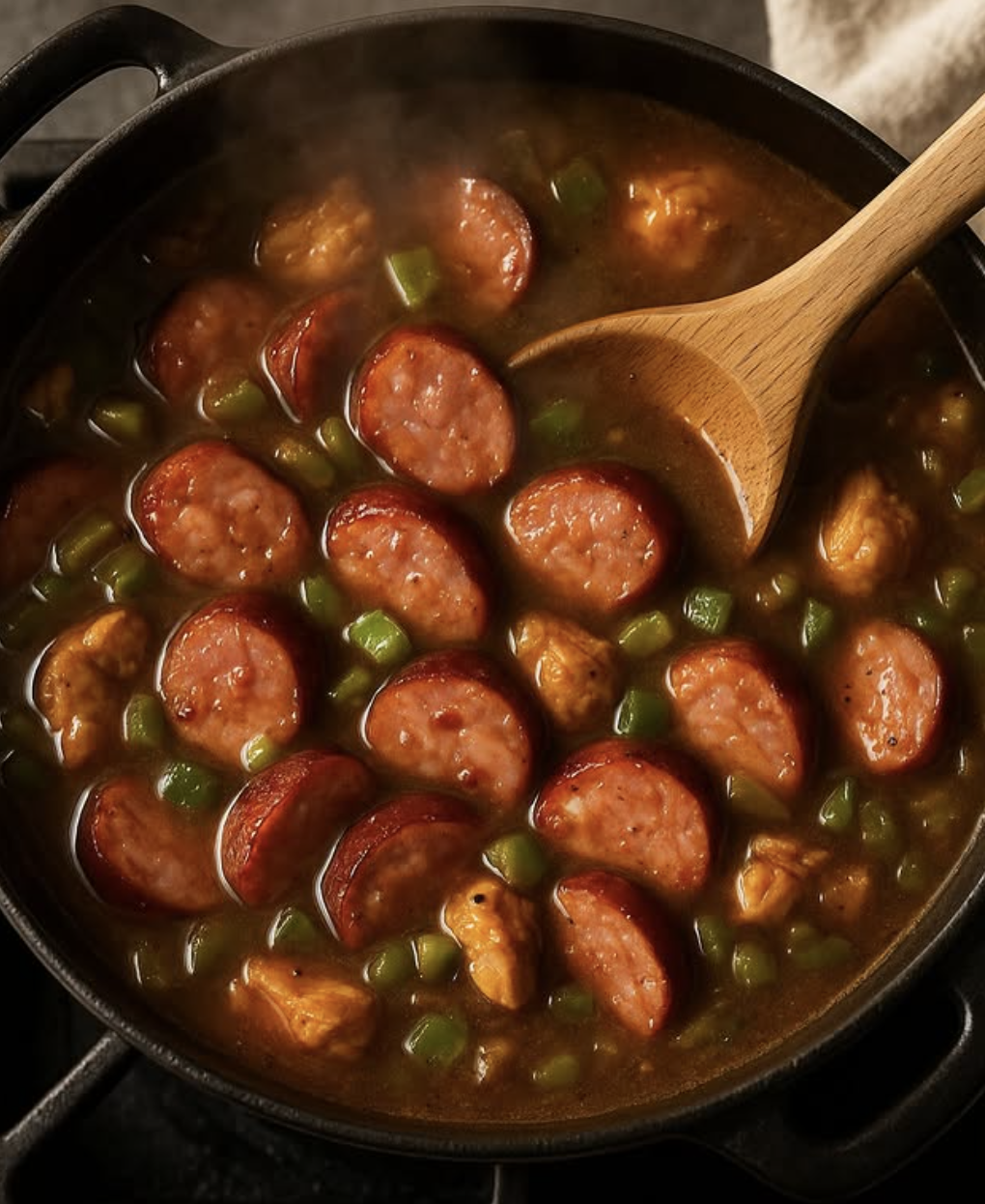 Cooking sausage slices, chicken pieces, and green peas in a pot with broth, being stirred with a wooden spoon.