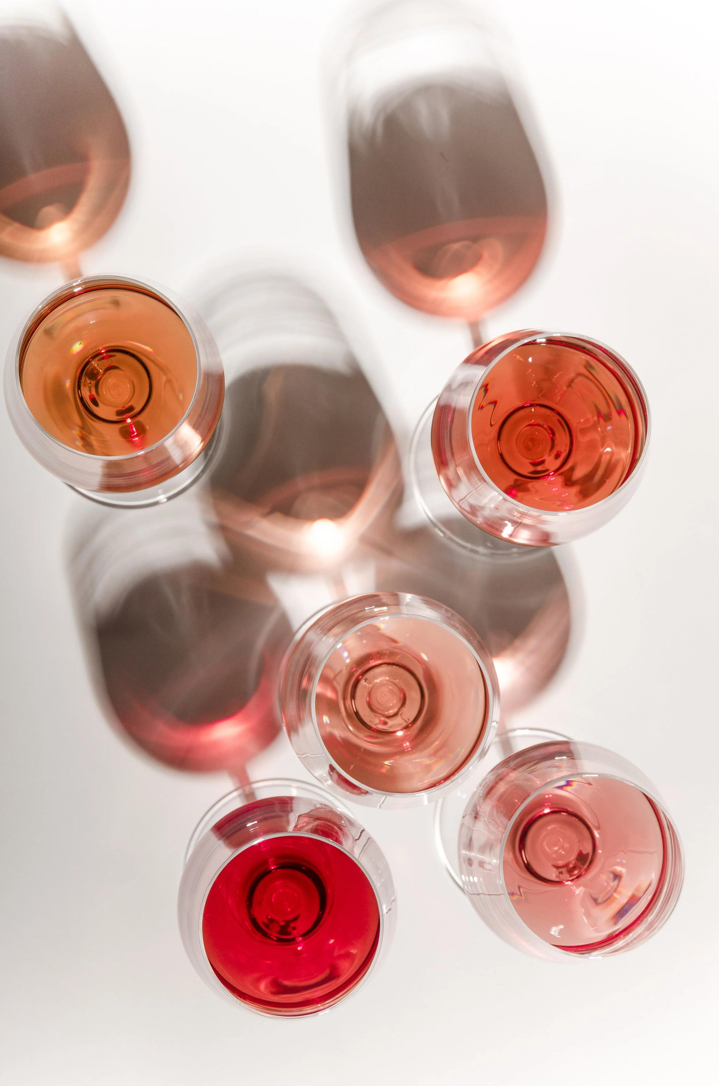 Overhead of pink wines.