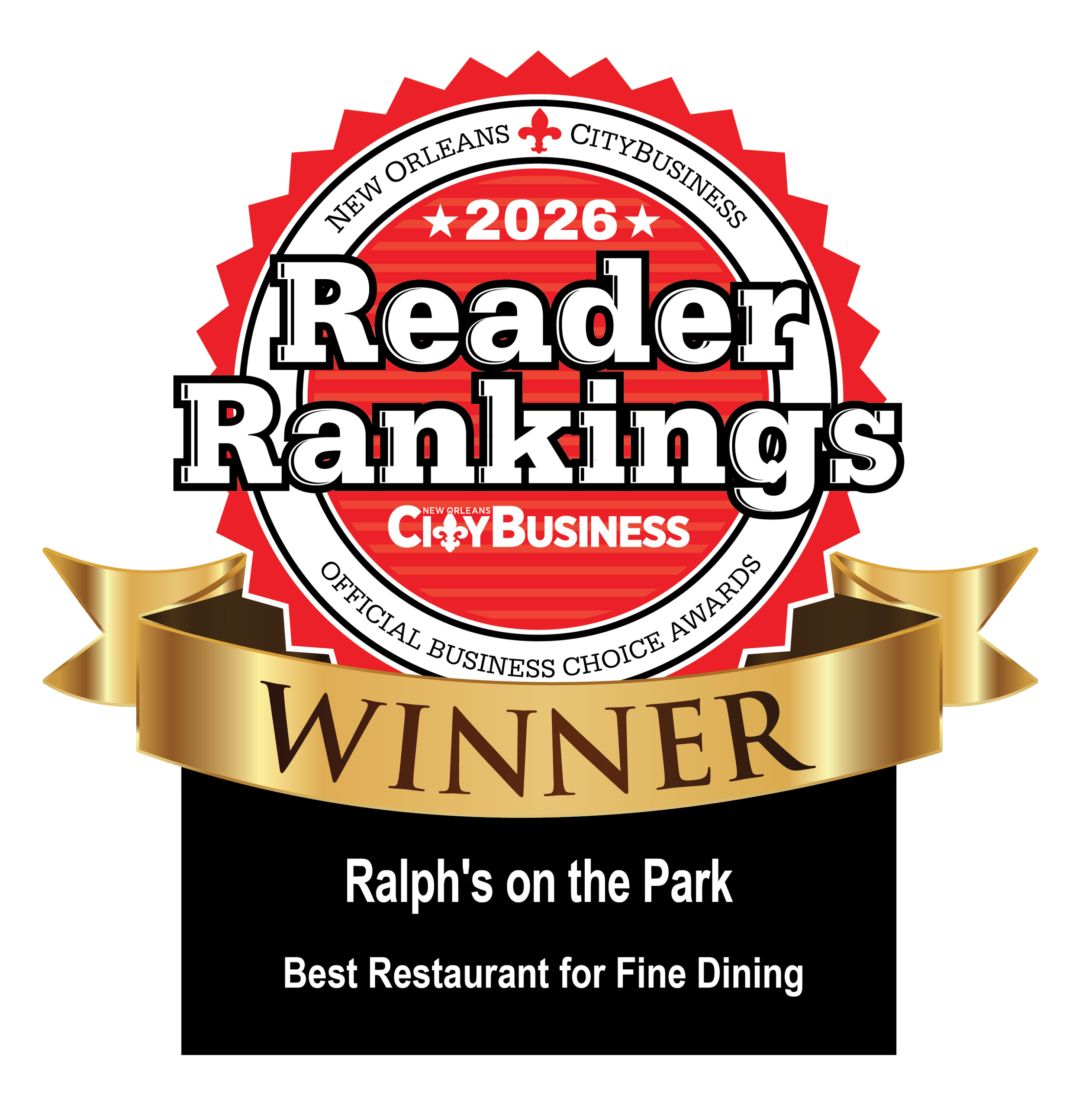 Award badge for 2026 Reader's Pick Winner from Ralph's on the Park, celebrating best restaurant for fine dining in New Orleans.
