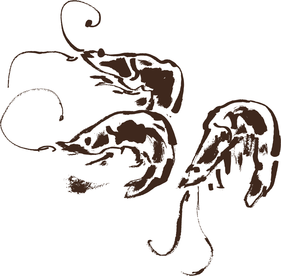 Outline drawing of three shrimp.
