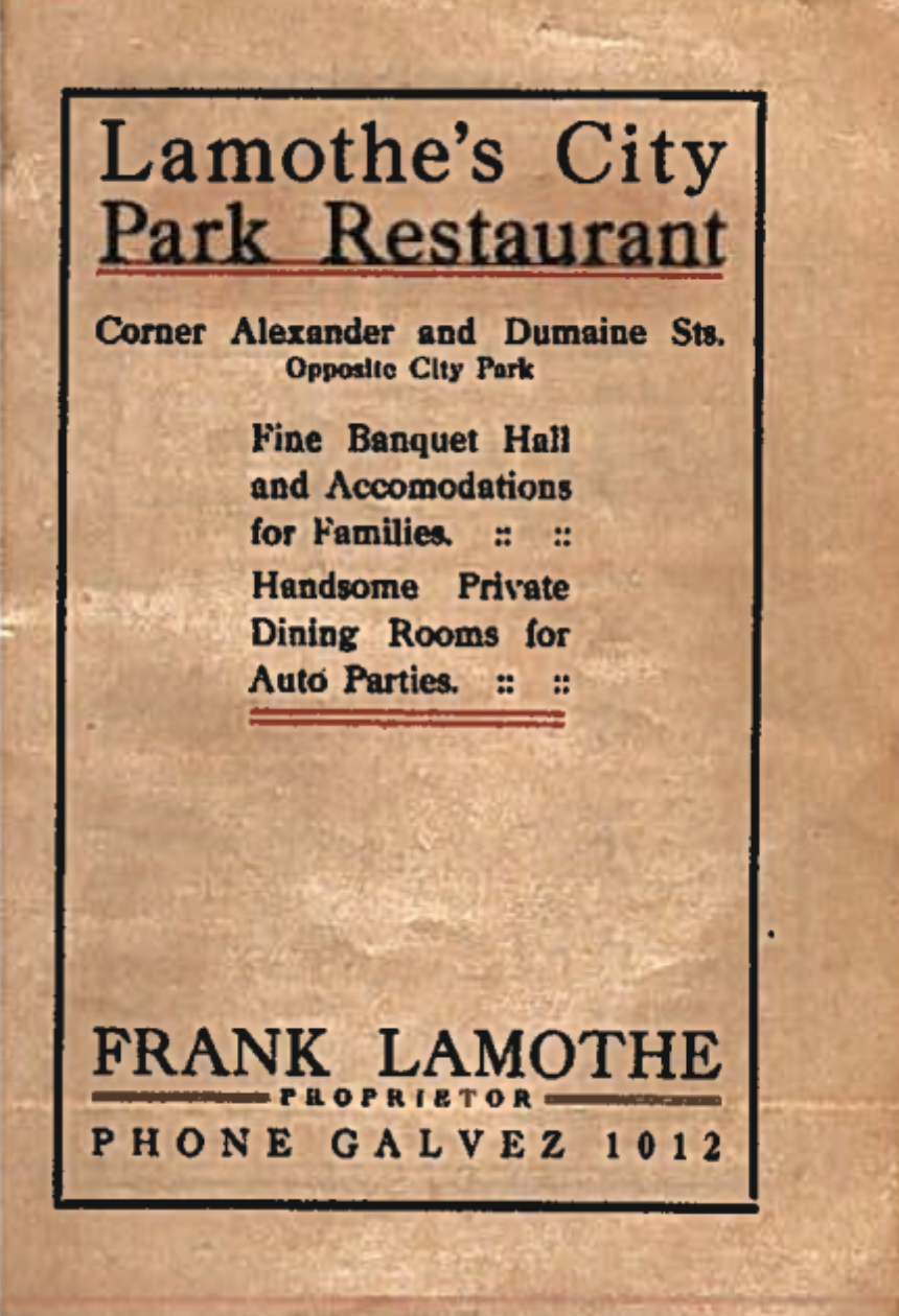 Advertisement for Lamothe's City Park Restaurant at the corner of Alexander and Dumaine Streets, opposite City Park, offering banquet hall, accommodations for families, private dining rooms for auto parties, with contact phone Galvez 1012.