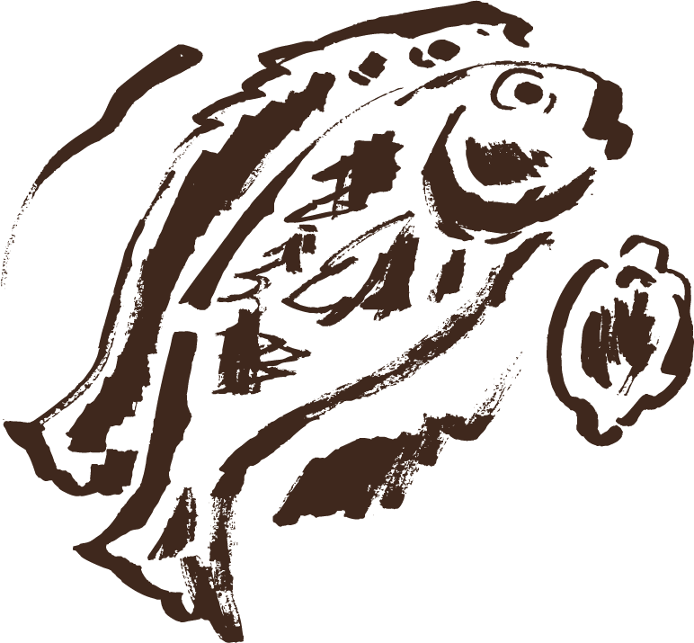 Line drawing of a fried fish with a side of lemon.