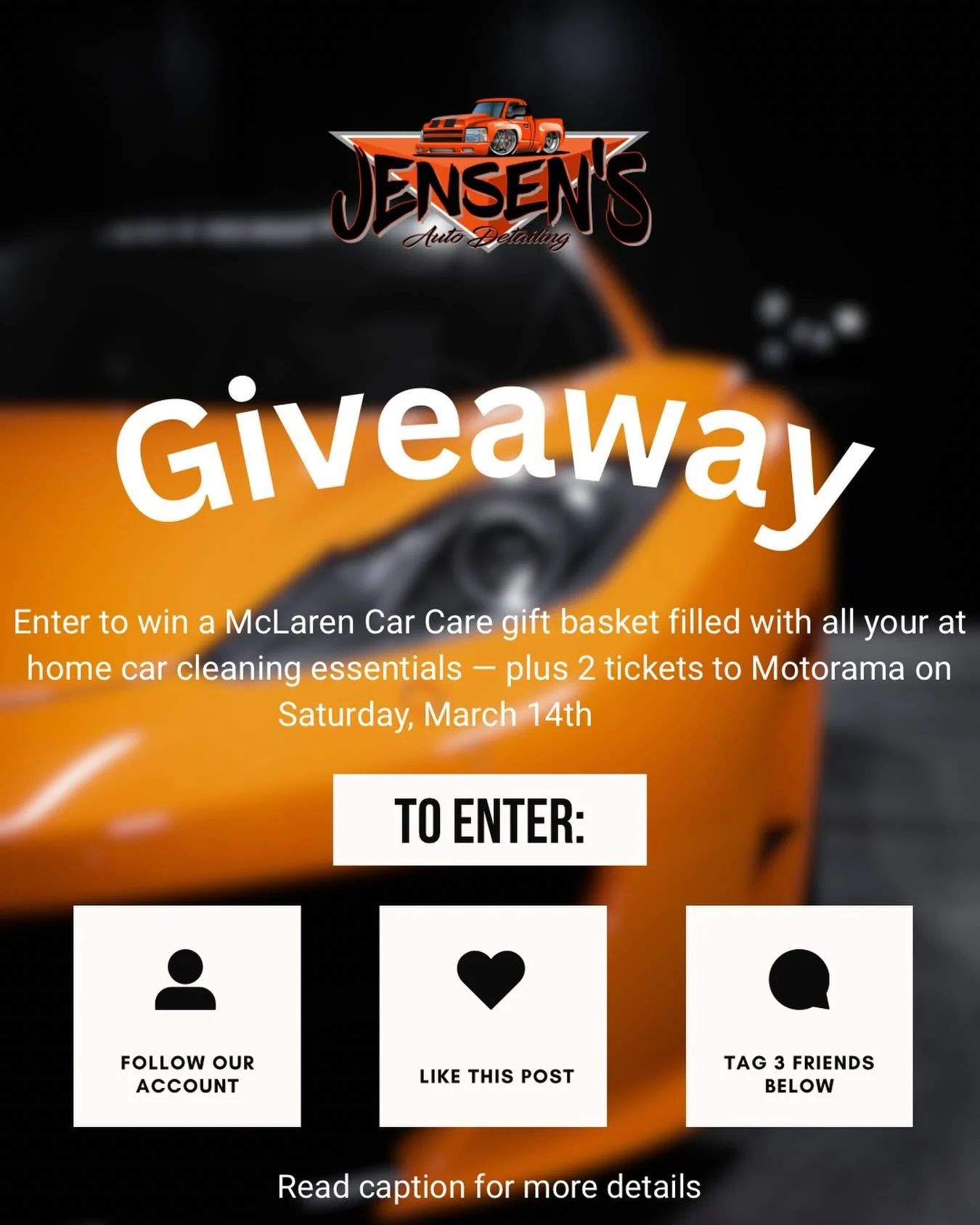 🚨GIVEAWAY TIME🚨

We&rsquo;re excited to treat one lucky winner to a McLaren Car Care Gift Basket packed with premium at home car cleaning essentials PLUS 2 tickets to Motorama on Saturday, March 14th! 🏁

✨HOW TO ENTER: ✨

1.  Follow our page
2. Li